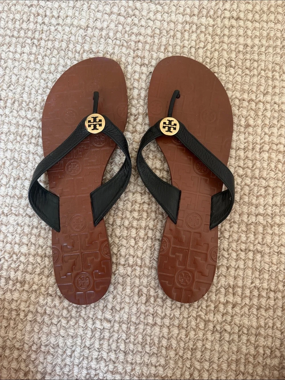 Tory Burch Black Leather Logo Flip Flops with Brown Footbed